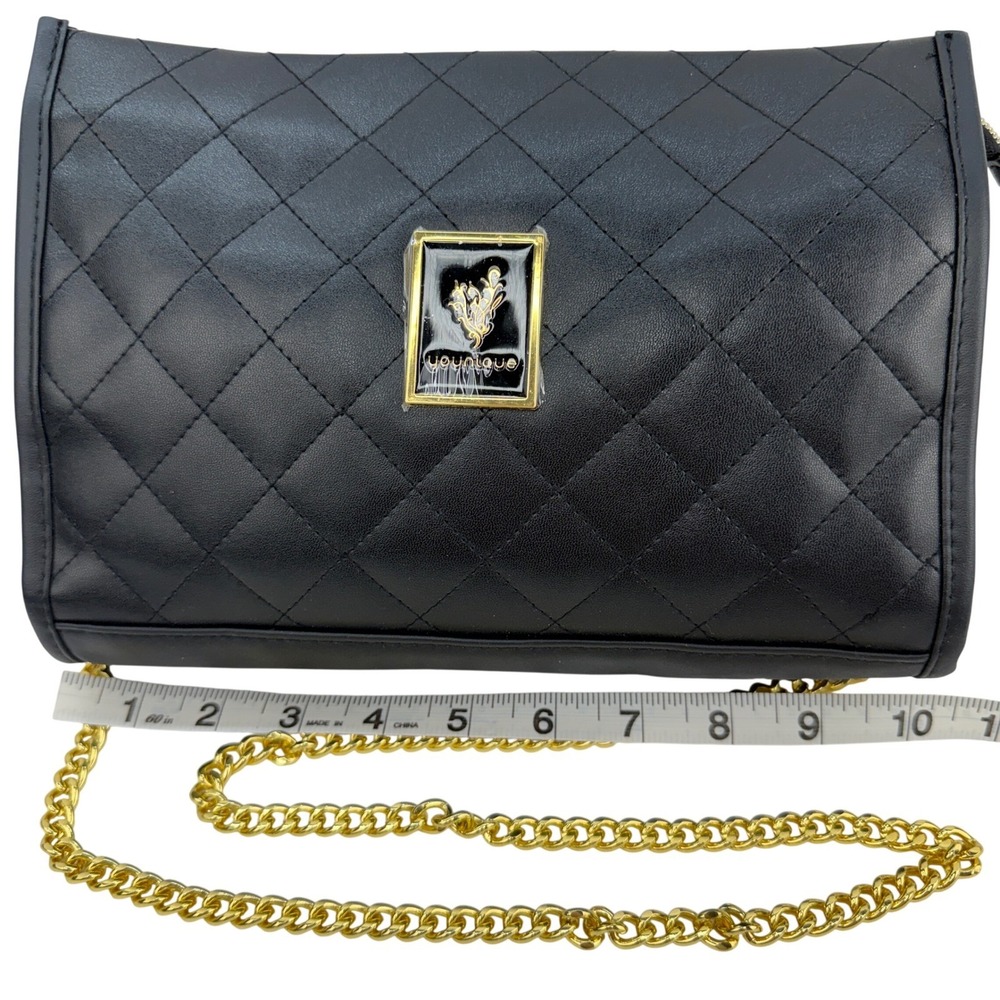 Younique Black Quilted Crossbody Bag Gold Chain Strap Purple Lining Zippered